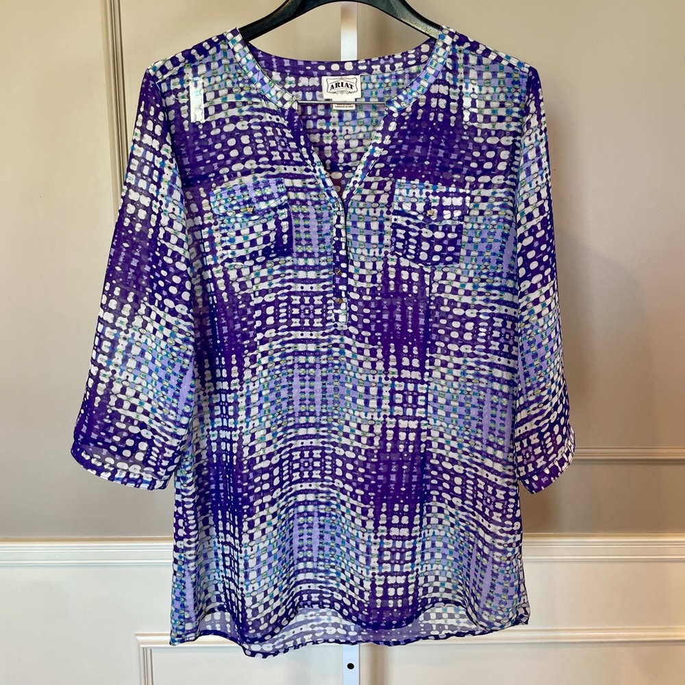 Ariat Women's Large Sheer Purple Blouse Shirt Top Popover Western Rodeo